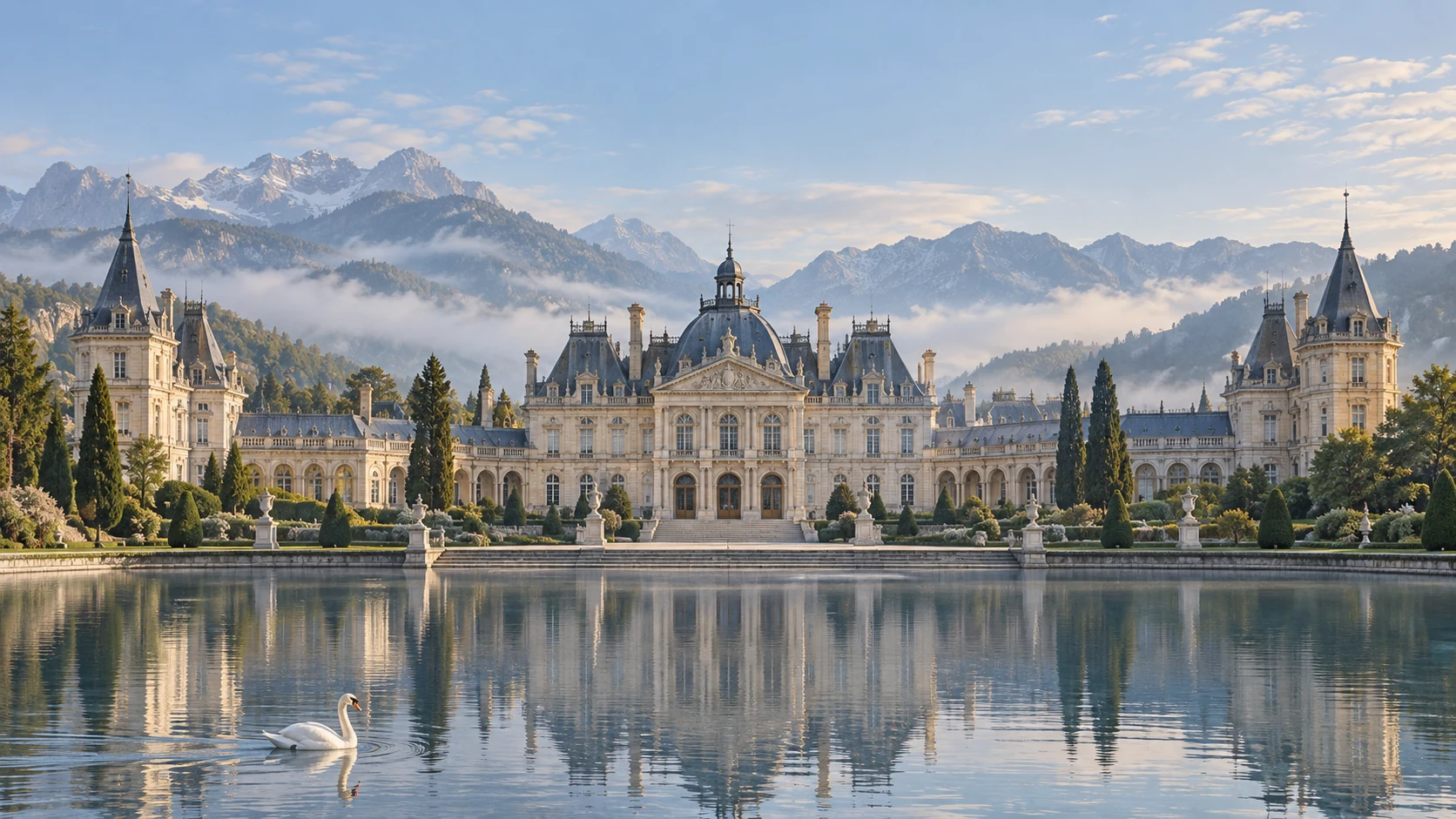 Istana Renaissance Beauxbatons di kaki Pegunungan Pyrenees, menghadap danau dengan angsa putih Clarence.